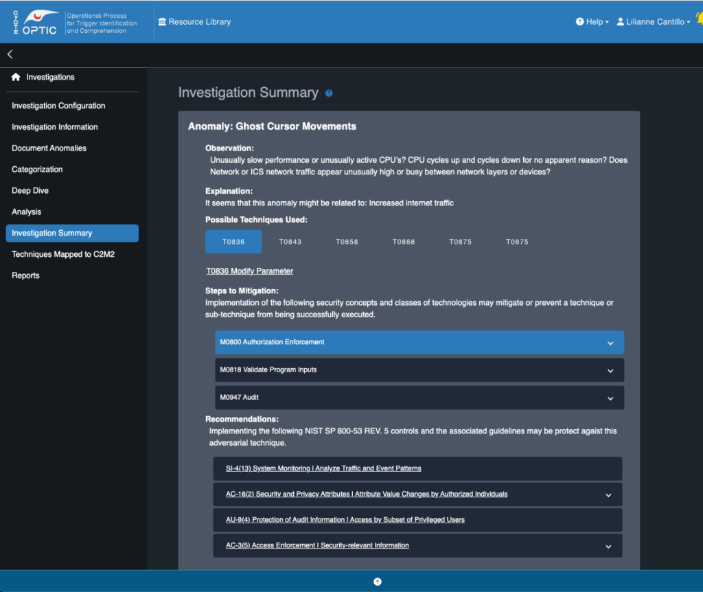 Screenshot of OPTIC dashboard Investigation Summary